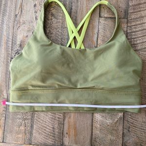 Lululemon energy longline b-d cup bra in bronze green/electric lemon